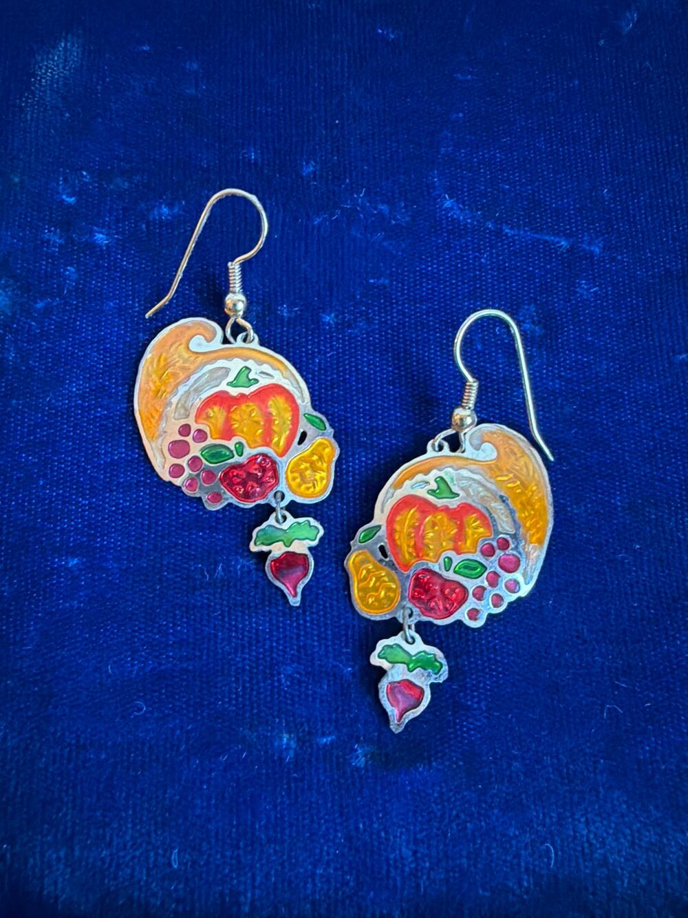 Vintage Enamel Cornucopia Dangle Earrings - Horn of Plenty Harvest Fruit